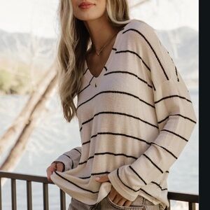 Baltic Born Cream and Black Striped V-Neck Top - S